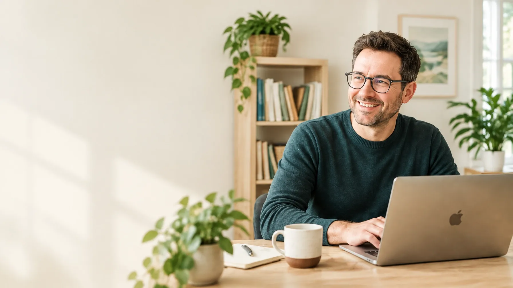 A consultant working at a desk in a bright, welcoming office